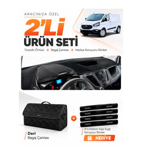 e-biz FORD TRANSİT CUSTOM (2012-2020) Uyumlu Torpido Örtüsü + Deri Bagaj Çantası - Siyah - FO033