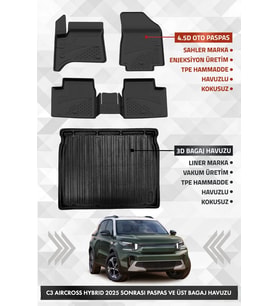Citroen C3 Aircross Hybrid 2025 ve Sonrası Uyumlu 4.5D Premium Havuzlu Oto paspas ve Liner ÜST Bagaj