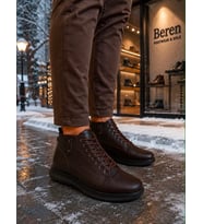 BEREN Erkek Hakiki Deri Kahverengi Kışlık Bot Ortopedik Taban Bağcıklı Casual Sneaker Bot