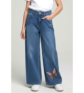Breeze Kız Çocuk Jean Pantolon Kelebek Nakışlı Düğmeli Fermuarlı 10-14 Yaş, Mavi