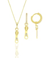 Gümüş altın yaldızlı zirkon taşlı fermuar kolye ve küpe ikili set SGTL11878GOLD