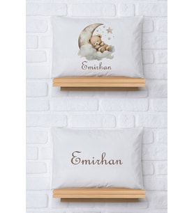 Pia Baby Premium %100 Pamuk İkili İsim Yazılı Erkek Bebek Yastık Kılıfı – 35x45 cm Organik Baskı 5048-13 (Ekru)