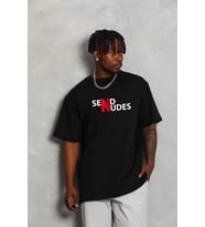 pilelistore- Unisex Bisiklet Yaka Double Oversize Baskılı T-Shirt - Siyah