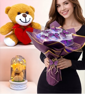 Özel Premium Set Renkli Led Işıklı Kelebek Buketi Kalpli Peluş Ayıcık Led Işıklı Fanus (Model 6)