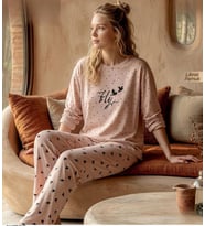 Pijamoni Kadın Likralı Pamuklu Bisiklet Yaka Uzun Kol İnce Pijama Takımı 1300/6 - 1 Adet