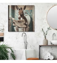 Tekli Kare Kanvas Banyo Tablosu Gazete Okuyan Sevimli Eşek
