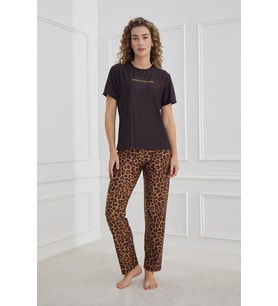 Kadın Leopar Desenli Bisiklet Yaka Pijama Takım  Siyah 30102-1287