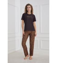 Kadın Leopar Desenli Bisiklet Yaka Pijama Takım  Siyah 30102-1287