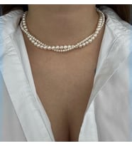 İki Sıra Sarmal İnci Tasma Kolye, İncili Choker Kolye (Krem)