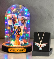 Kişiye Özel Renkli Led Işıklı Fanus ve Renkli Zümrüdü Anka Kuşu Kolye (Model 10)