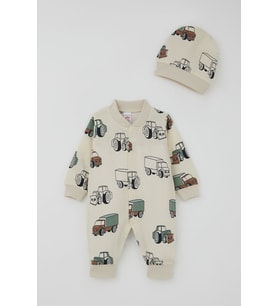 Breeze Erkek Bebek Tulum Minik İş Makineleri Desenli 0-6 Ay, Krem