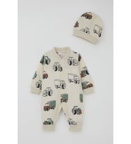 Breeze Erkek Bebek Tulum Minik İş Makineleri Desenli 0-6 Ay, Krem