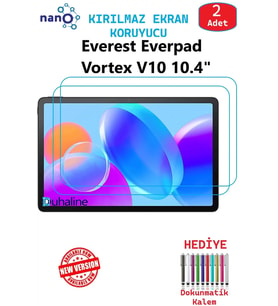2 ADET Everest Everpad Vortex V10 10.4" Tablet Tam Uyumlu Ekran Koruyucu Cam Nano HD Esnek Kırılmaz