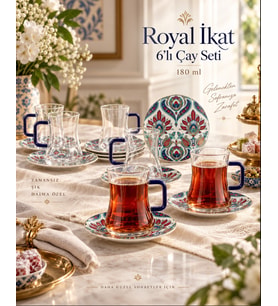Royal İkat 6’lı Çay Seti 180 ml – Lacivert Kulplu Desenli Çay Bardak Takımı P366.121669