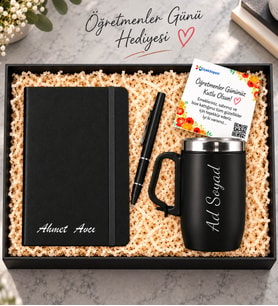Kişiye Özel Deri Defter & Kişiye Özel Çelik Matara Termos & Metal Kalem Seti Öğretmene Hediye