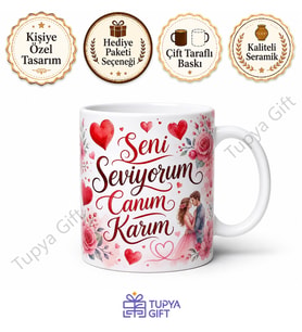 Karıya Hediye Kişiye Özel Romantik Baskılı Kupa Bardak Sevgiliye Hediye