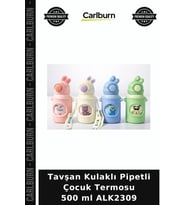 Özel Üretim Termos Tavşan Kulaklı Pipetli Çocuk Termosu - 500 ml Paslanmaz Çelik Suluk ALK2309
