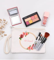 Kişiye Özel Ham Bez El Çantası & Pastel Allık & 5'li Mini Makyaj Fırçası & Pastel Far Paleti & Kırmızı Kare El  Aynası Hediye Seti