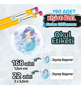 Okul Etiketi Kişiye Özel Kalem Defter Etiketi Deniz Kızı Tasarımlı- 190 Adet