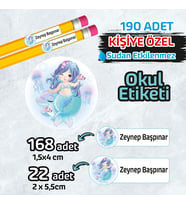 Okul Etiketi Kişiye Özel Kalem Defter Etiketi Deniz Kızı Tasarımlı- 190 Adet