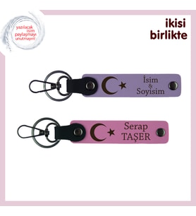 Ay Yıldızın Gücünü Taşıyan Deri Anahtarlık – Kişiye Özel Ay Yıldızlı Hediye Takımı, Mor-Pembe