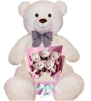 Sevimli 90 cm Peluş Ayı ile  Pembe Peluş Ayıcık Buketi- Sevdiklerinize; Doğum Günü, Yıldönümü, Özel Gün (Beyaz)