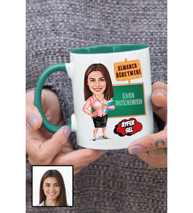 Kadın Almanca Öğretmenine Hediye Karikatürlü Yeşil Kupa Bardak