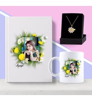 BK Gift Kişiye Özel Papatya Temalı Fotoğraflı Beyaz Defter Kupa ve Papatya Kolye Seti-3 (Model 1)