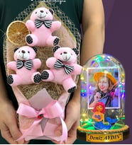 Kişiye Özel Renkli Led Işıklı Fanus ve Büyük Boy Pembe Ayıcık Buketi Hediye Seti (Model 3)