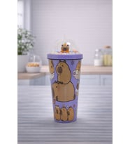550 ml Capybara Figürlü Pipetli Çocuk Termos Bardak Boncuklu Kubbe Kapaklı Sevimli Matara (Y. Mor)
