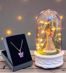 Led Işıklı Tasarımlı Fanus ve Kelebek Kolye Hediye Seti (Model 5)