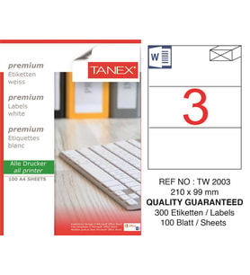 Tanex Lazer Etiket tw-2003 100 A4 Sayfa Laser Etiket 210 X 99 mm Boyutunda 1 A4 Sayfada 3 Etiket