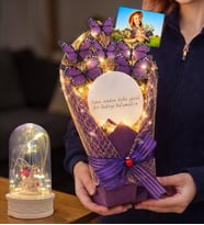 Size Özel Fotoğraflı Led Işıklı Aynalı Kelebek Buketi & Led Işıklı Fanuslu (Model 6)