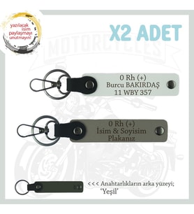 Biker Stiline Özel, İsim Plaka ve 0 Rh (+) Kan Grubu Yazılı 2'li Anahtarlık Takım, Kül Gri-Beyaz-Ysl (Çok Renkli)