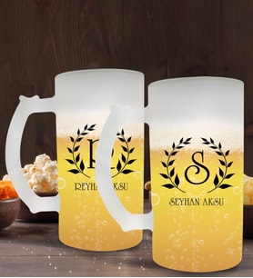 BK Gift Kişiye Özel Çelenk Baş Harfli İsimli 2’li Buzlu Cam Bira Bardağı 50cl-4 (Beyaz)