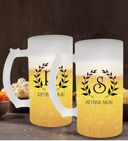 BK Gift Kişiye Özel Çelenk Baş Harfli İsimli 2’li Buzlu Cam Bira Bardağı 50cl-4 (Beyaz)