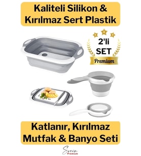Çok Amaçlı Premium Katlanır Kesme Tahtası Tıpalı Yıkama Leğeni Badya ve Koçero Su Maşrapası 2li Set