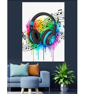 Renkli Neon Müzik Kulaklığı Dekoratif Kanvas - Mdf Ahşap Tablo