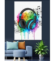 Renkli Neon Müzik Kulaklığı Dekoratif Kanvas - Mdf Ahşap Tablo