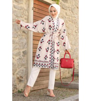 Bordo Desenli Keten Tesettür Kimono