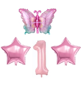 Pembe Kelebekli 1 Yaş Folyo Balon Set
