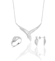 Söğütlü Silver Gümüş rodyumlu  pırlanta modeli beyaz altın görünümlü kolye küpe ve yüzük seti