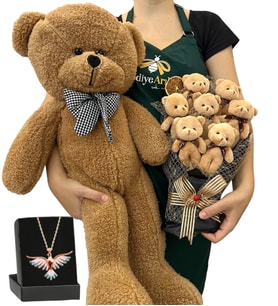 Premium Hediye Seti - Renkli Anka Kuşu Kolyeli, 7'li Ayıcık Buketli ve Kahve Peluş Ayıcıklı Set (Model 4)