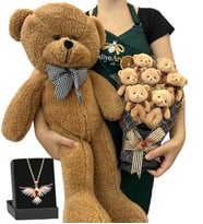Premium Hediye Seti - Renkli Anka Kuşu Kolyeli, 7'li Ayıcık Buketli ve Kahve Peluş Ayıcıklı Set (Model 4)