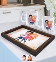 BK Gift Kişiye Özel Sevgililer Karikatürlü Doğal Ahşap Tepsi ve 2’li Kupa Bardak Seti-5