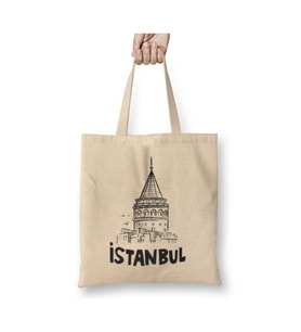 İstanbul Galata Kulesi Temalı Beyaz Bez Çanta Uzun Saplı Alışveriş Çantası Plaj Çantası