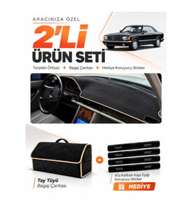 MERCEDES W126-C126 (1979-1991) Uyumlu Torpido Örtüsü + Tay Tüyü Bagaj Çantası + Sticker Seti - Siyah Bej