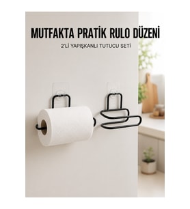2’li Siyah Metal Rulo Kağıt Tutucu Yapışkanlı Banyo Mutfak Kağıtlık