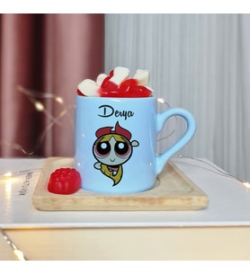 Power Puff Girls ( Blossom ) Tasarımlı Kişiye Özel Mavi Türk Kahvesi Fincanı