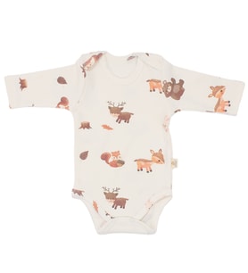 Unisex Ekru Kahve Ceylanlı Desenli Uzun Kol Body Zıbın